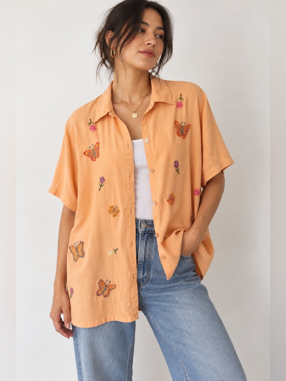 Vintage 90s Country Wear Butterfly Embroidered Rayon Shirt 1X